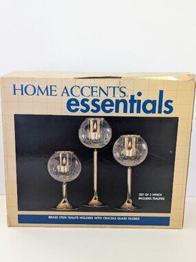Vintage Home Accents Essentials Brass Stem Tealite Holders with Crackle Glass